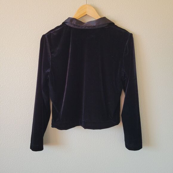 Vtg SAG HARBOR Black Velour Button Down Size LP Boxy Satin Trim Long Sleeve 90s - Picture 8 of 8
